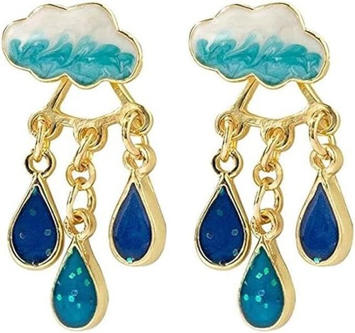Rain Cloud Storm Enamel Rhinestone Crystal Stud Earrings, Cute Spring Summer - Picture 2 of 2
