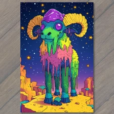 Art Print Trippy Space Goat Rainbow Dripping Creature Galaxy Eyes Fantasy Emo
