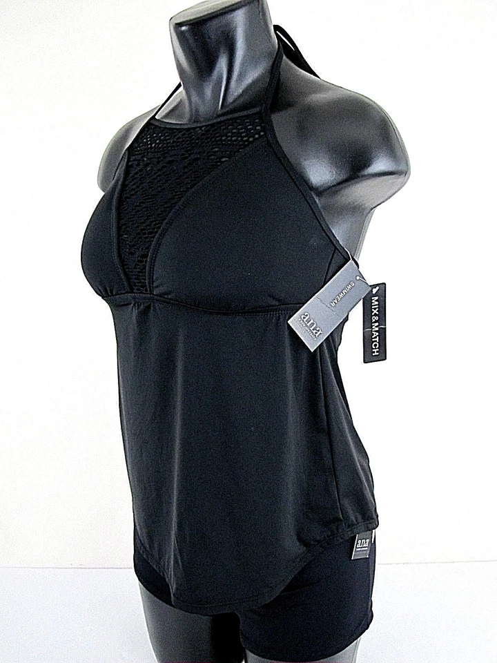 a.n.a Mediano Negro Tankini Boyshort 2 piezas Traje de Baño Cuello Alto Ojales ana Nuevo Foto 2 de 4