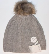 Lemon Women's Fluffy Cable Knit Beanie with Pompom - One Size - Clay - NEW