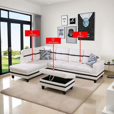 White Black Semi PU Synthetic Leather 3-Piece Couch Living Room Sofa Set Modern