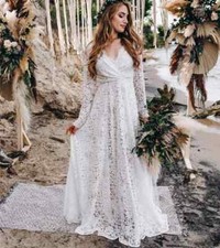 Lace Wedding Dress Boho V-Neck Backless Long Sleeve Beach Bridal Gowns Bride