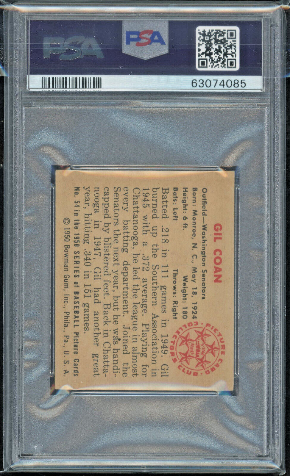1950 Bowman #54 Gil Coan PSA 5 Washington Senators Vintage Baseball Card view 3