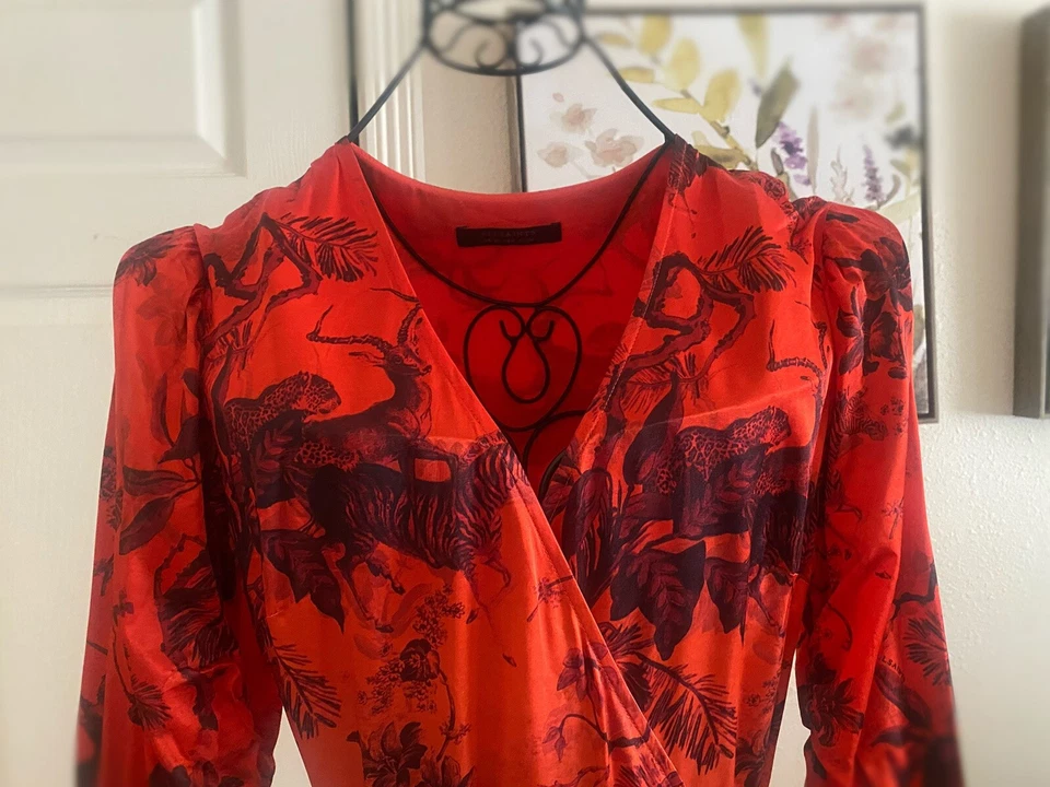 AllSaints Dress Wrap Midi Asymmetry Hem Tropical Forest Pattern Silk Blend Sz 6 - Image 2 of 4