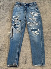 American Eagle Jeans Womens 00S Mom Straight Leg Denim Light Wash Distressed