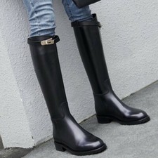 Womens Ladies Mid Calf Knee Buckle Knee Boots Leather Riding Biker Shoes Fashion