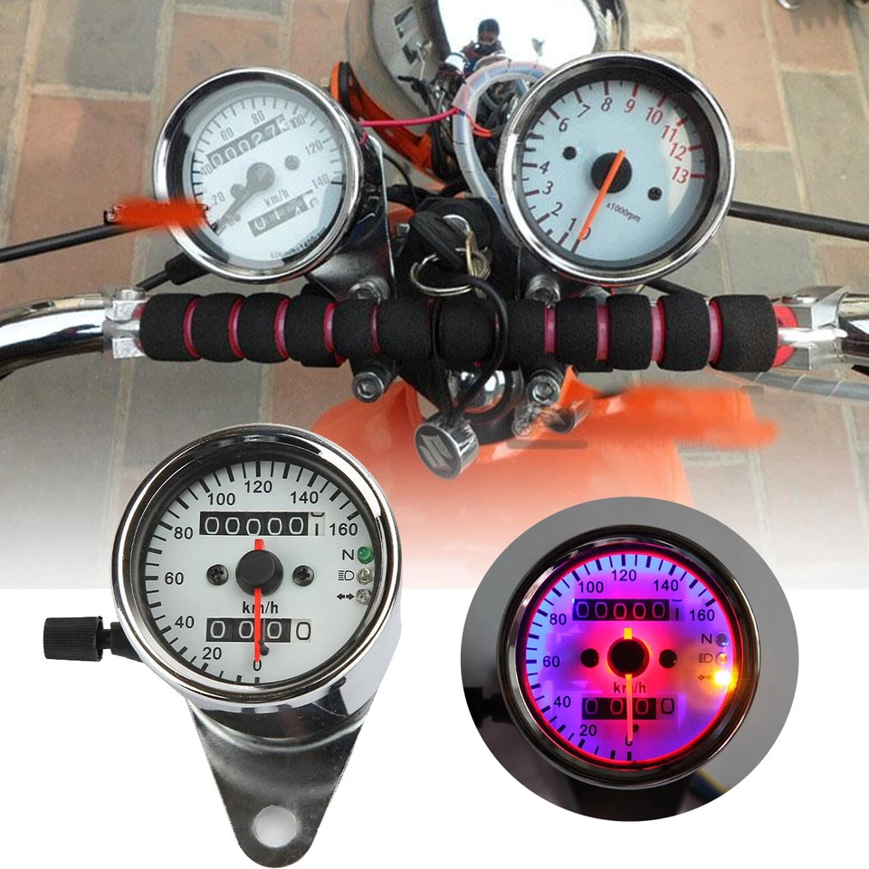 Luz trasera LED cromada para motocicleta doble odómetro KMH velocímetro medidor universal Foto 2 de 4