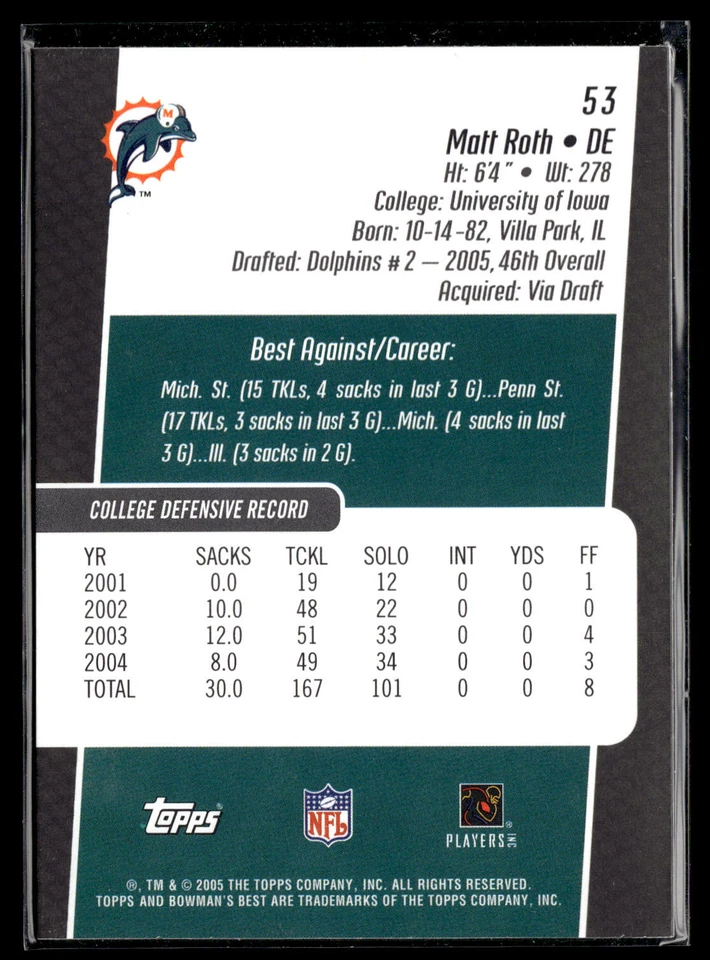 2005 Bowman's Best Matt Roth 53 Miami Dolphins - Image 2 of 2