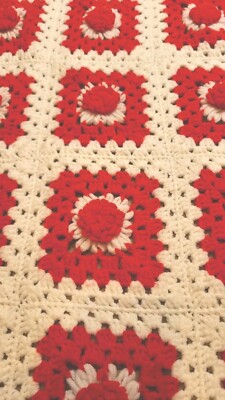 Vintage Crocheted Throw Handmade Red White Granny Square Blanket