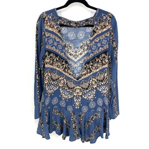 Free-People-Size-Large-Blue-Printed-Long-Sleeve-Walking-On-A-Dream-Tunic-Blouse