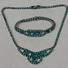 Vintage Jewelry Set Women Blue Rhinestone Art Deco Necklace Bracelet Silver Tone
