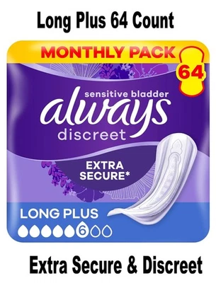 Always Discreet Incontinence Pads Women Long Plus 64 Count, Extra Secure & Discr