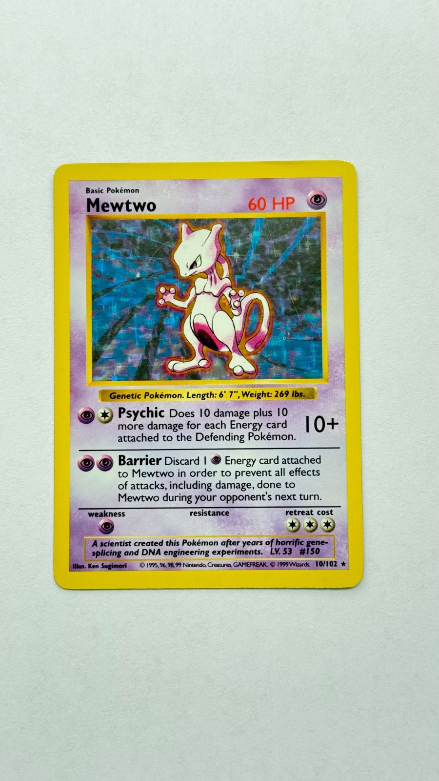 Mewtwo 010/102 Pokemon Base Set (Shadowless) Holo LP Excellent Condition