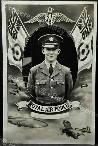 WW2 an RAF Airman cameo with patriotic RAF flags border Real Photo Postcard