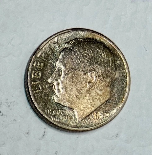 Bluish Toned 1950 Silver Roosevelt Dime, Brilliant Uncirculated