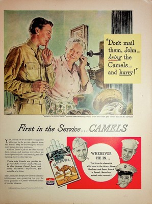 Original 1944 Vintage Camel Ad: Ft. Don't mail, John bring the Camels and Hurry!