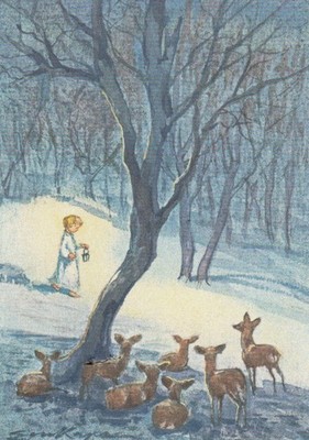 Postkarte: Erica von Kager - Rehe bestaunen ein Kind mit Laterne