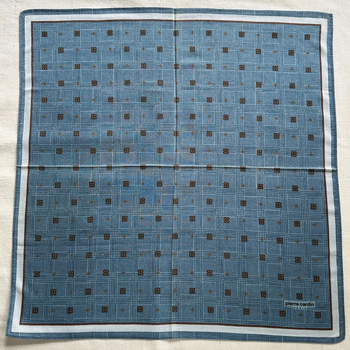VTG Mens Handkerchief Glen Check Blue Cotton Geometric Print Pocket Square 17"~M