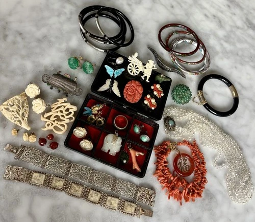 Vtg Art Deco Asian Costume Jewelry Coral Jade Enamel Silver Glass Gold GF Lot