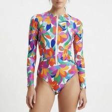 Hurley Womens Small Multi Floral Rashguard Swimsuit Half-Zip Vibrant Bright