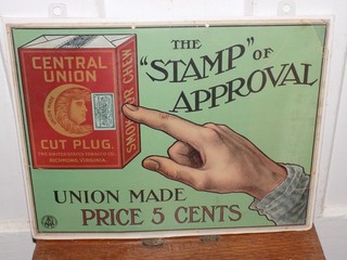 Vintage Central Union Cut Plug Tobacco Cardboard Sign