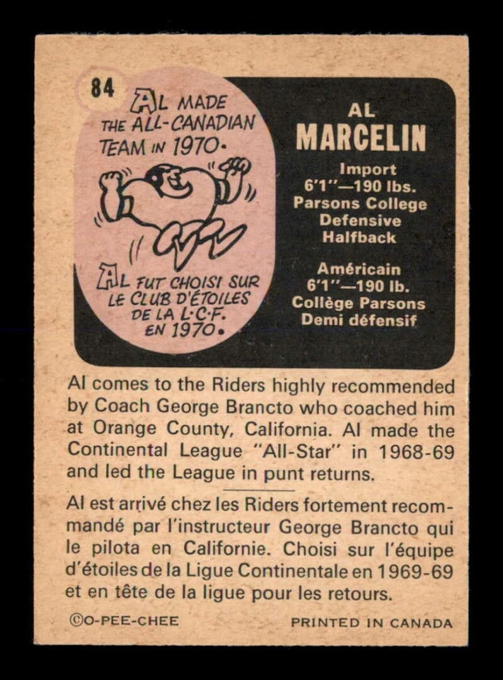1971 O-Pee-Chee CFL #84 Al Marcelin   NM X3495715 - Image 2 of 3