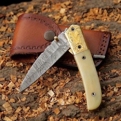 Custom Handmade Folding Knife | Camel Bone Handle | Pocket Folding Blade Knife