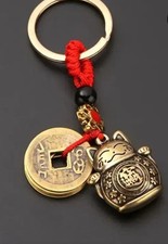 Metal Maneki Neko Lucky Cat  Chinese Coin Charm Keychain, Detachable, Gold