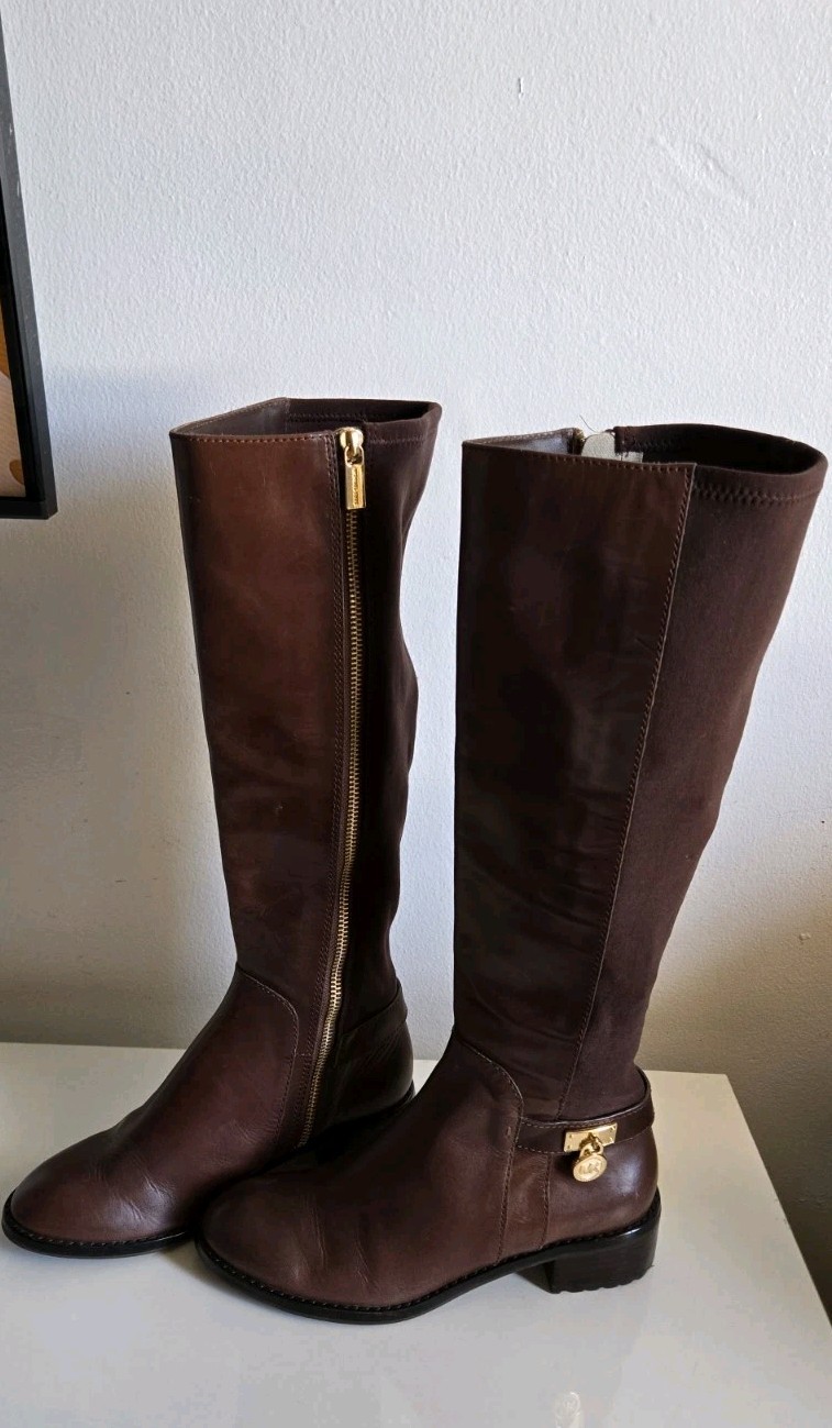 MICHAEL KORS HAMILTON WOMEN'S TALL BOOTS CHOCOLATE STRETCH MK LOGO FLAT Size 5.5 thumbnail 3