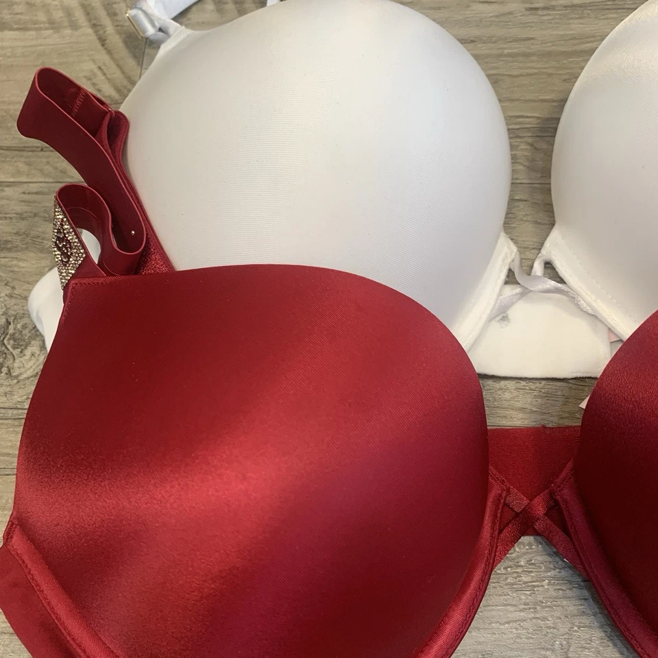 Victoria Secret 2 Sujetadores Bombshell Satinado Rojo Blanco Logo Estrás Correa 38 C Foto 4 de 4