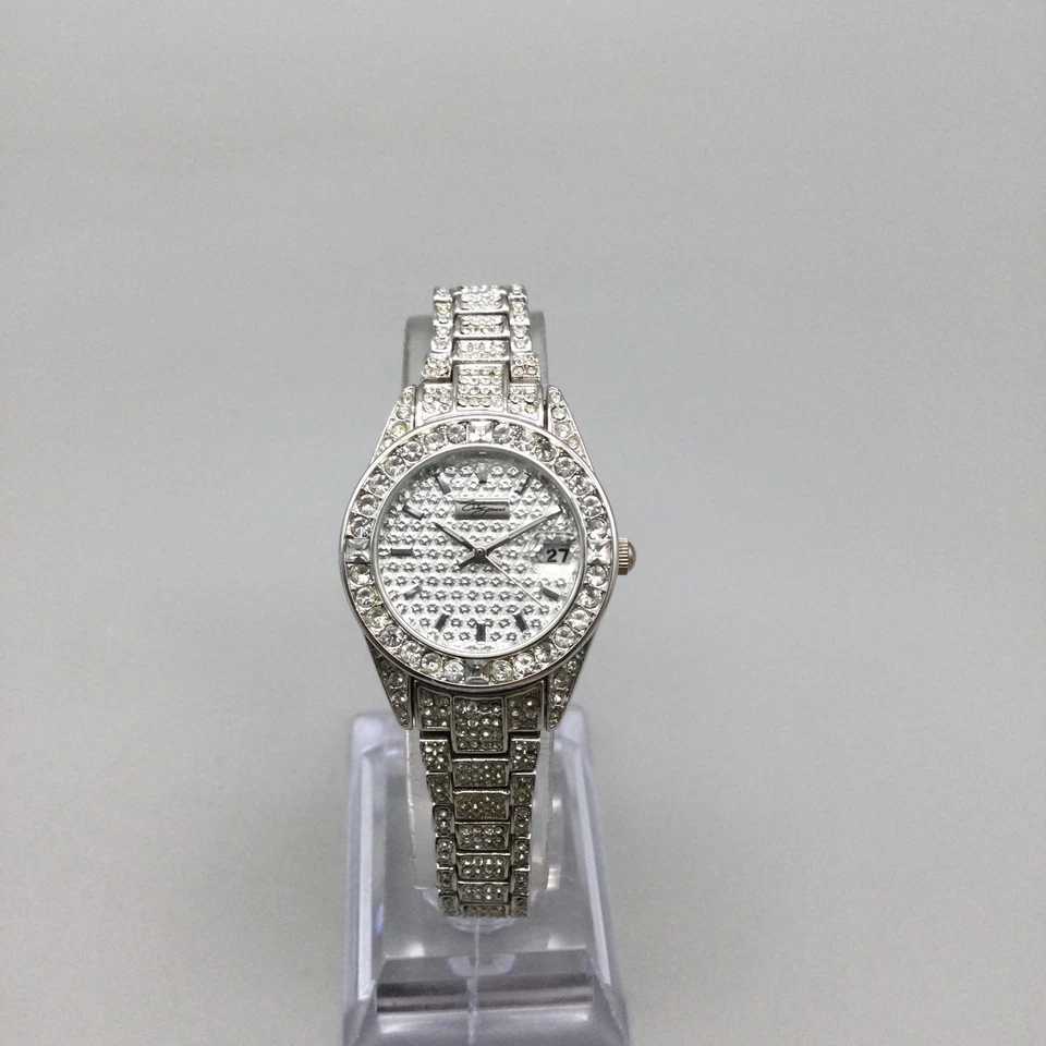 Reloj De Colección Suzanne Somers Mujer 25mm Tono Plata Cristales Fecha Batería Nueva 6.75" Foto 2 de 4
