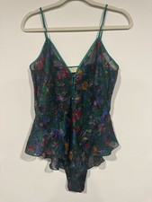 Vintage Victorias Secret Satin Floral Green Lace Teddy Gold Label 90  s Medium