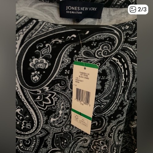 NWT Jones New York Large Black And White Paisley 3/4 Sleeve Knit Top Casual - Picture 2 of 3