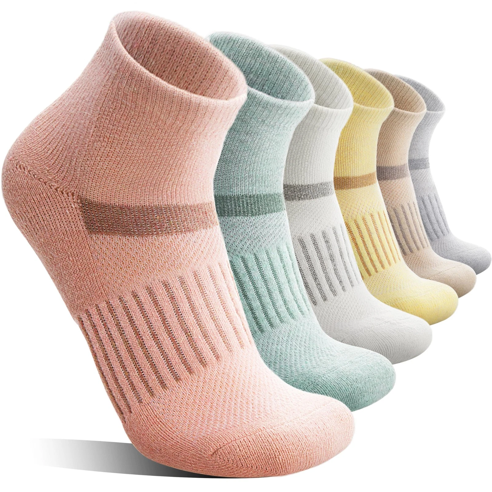 6 Pairs Merino Wool Ankle Running Hiking Socks Medium, Yellow/Green/Grey