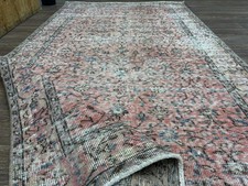 4x7 Hand-Knotted Wool Vintage Turkish Area Rug, Pink Blue Floral Living Room Rug