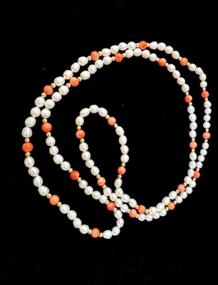 14K Gelbgold Süßwasserperlen rosa Koralle Perlen Seil Halskette 34'' lang (A)