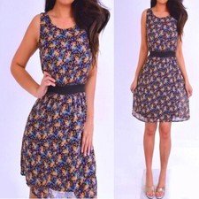 Black Orange Purple Floral Chiffon Sleeveless Cage Back Babydoll Dress S Small