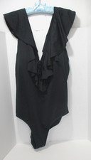 Jantzen One Piece Swimsuit Womens Size 16 Black Plunge V Neck Cascading Ruffle
