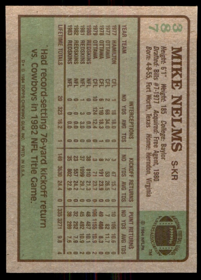 1984 Topps MIke Nelms . Washington Redskins #387 | eBay