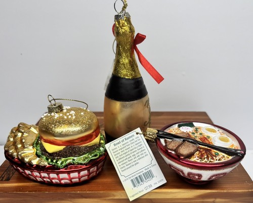 3 Glass Ornaments Hamburger Fries Basket Ramen Bowl Champagne Bottle Old World - Picture 9 of 15