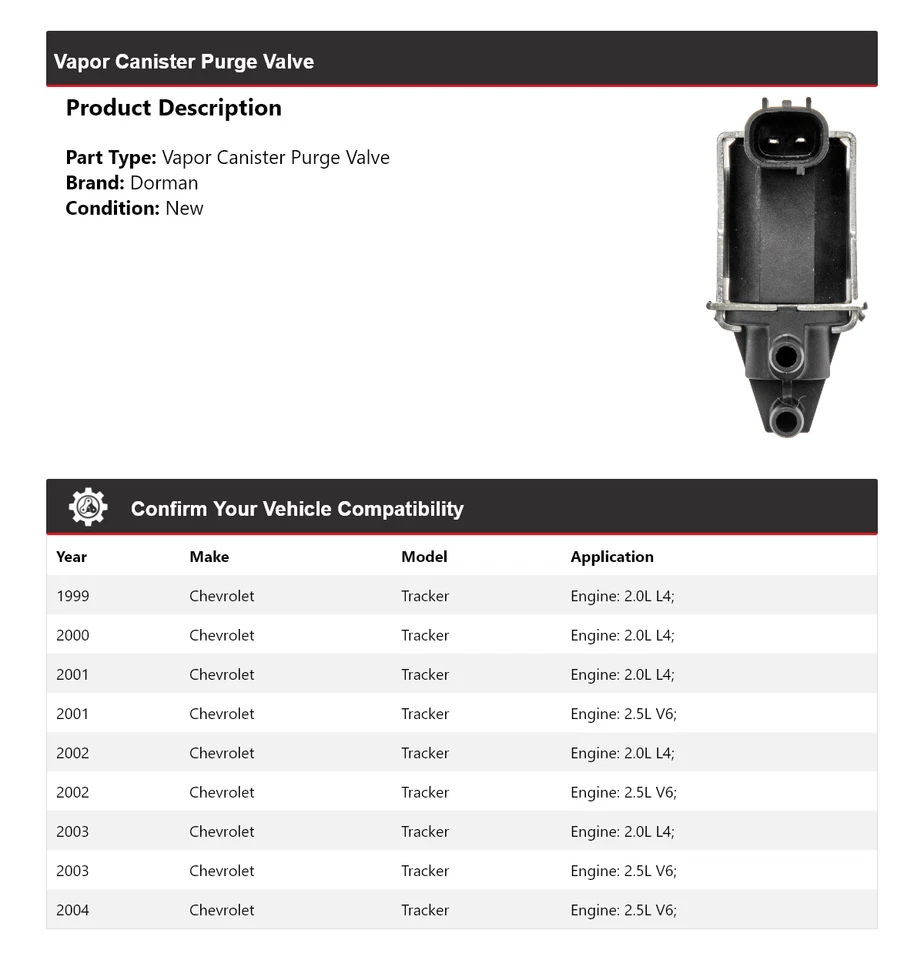 Válvula de purga de bote de vapor Chevrolet Tracker Dorman 1999-2004 2000 2001 2002 Foto 2 de 3