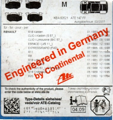 ATE 603911 Front Brake Pads Renault, Peugeot, Talbot 13.0460-3911.2