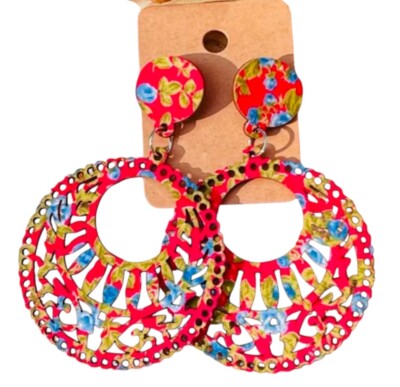 Boutique Retro Red Floral Wood Boho Circles Dangle Earrings  