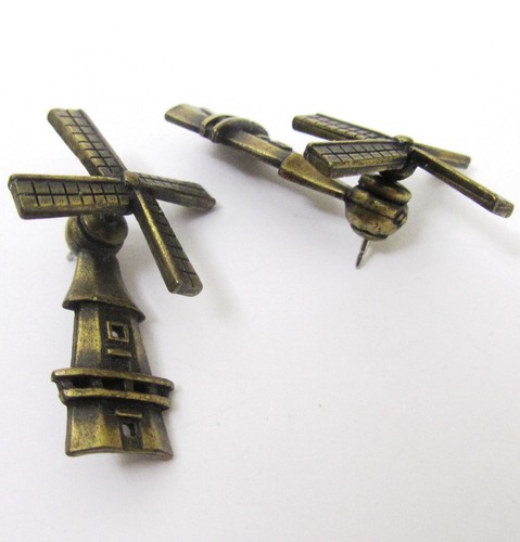 JJ Bronze Antiqued Brass Windmill Pierced Earrings Jonette Jewelry Vintage - Picture 4 of 4
