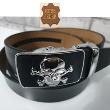 Herren Damen Gürtel Totenkopf Schwarz Automatik Schnalle echt Leder Jeansgürtel