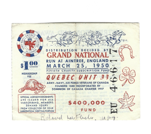 1950 GRAND NATIONAL AINTREE ENGLAND QUEBEC CANADA LOTTERY TICKET