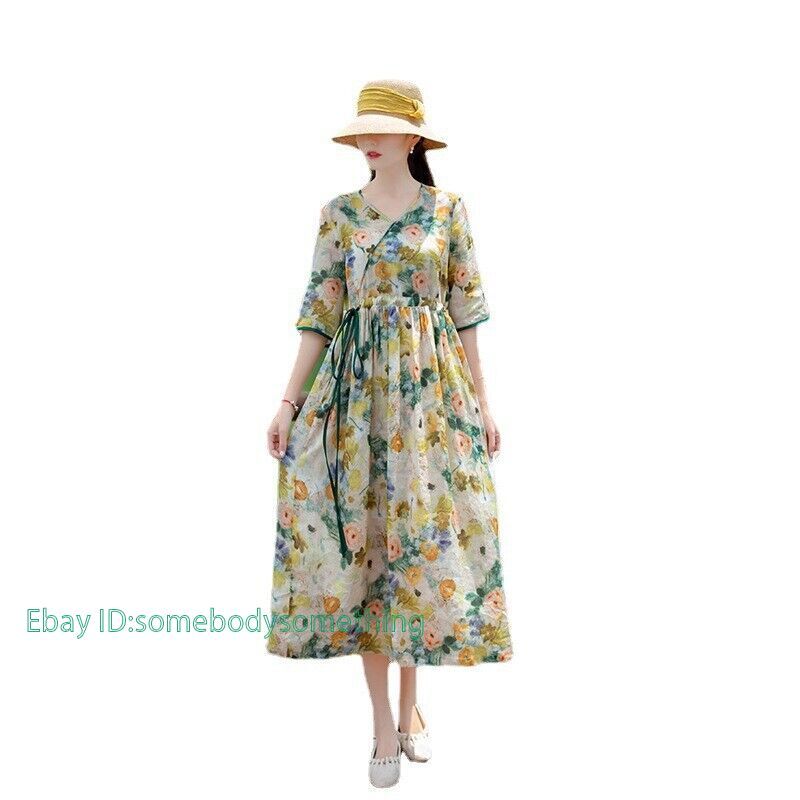 Women Linen Dress Floral V Neck Loose Chinese Drawstring Midi Ethnic Dress | eBay Women Linen Dress Floral V Neck Loose Chinese Drawstring Midi Ethnic Dress | eBay