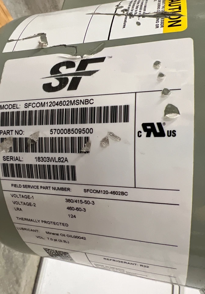 Compresor de desplazamiento Trane SF SFCOM1204602MSNBC 10 toneladas 460 V 3P Nº de pieza 570008509500 Foto 2 de 4