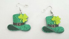 Acrylic St. Patrick's Day Irish Shamrock Glitter Hats Dangle Earrings - New