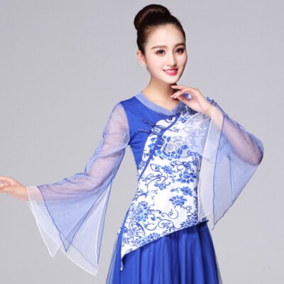 Damen Ethnisch Tanz Hemd Bluse Blue-And-White Porzellan Top Stage Kostüme